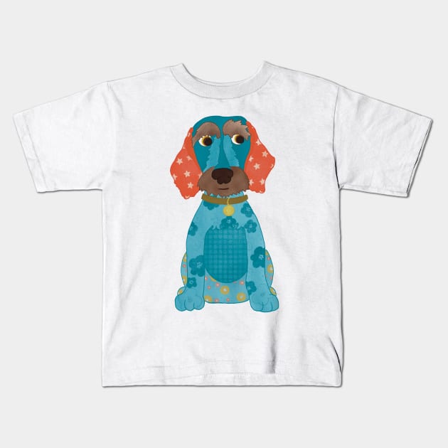 Dottie the Appliqué Dachshund Sausage Dog Puppy with florals and stars Kids T-Shirt by NattyDesigns